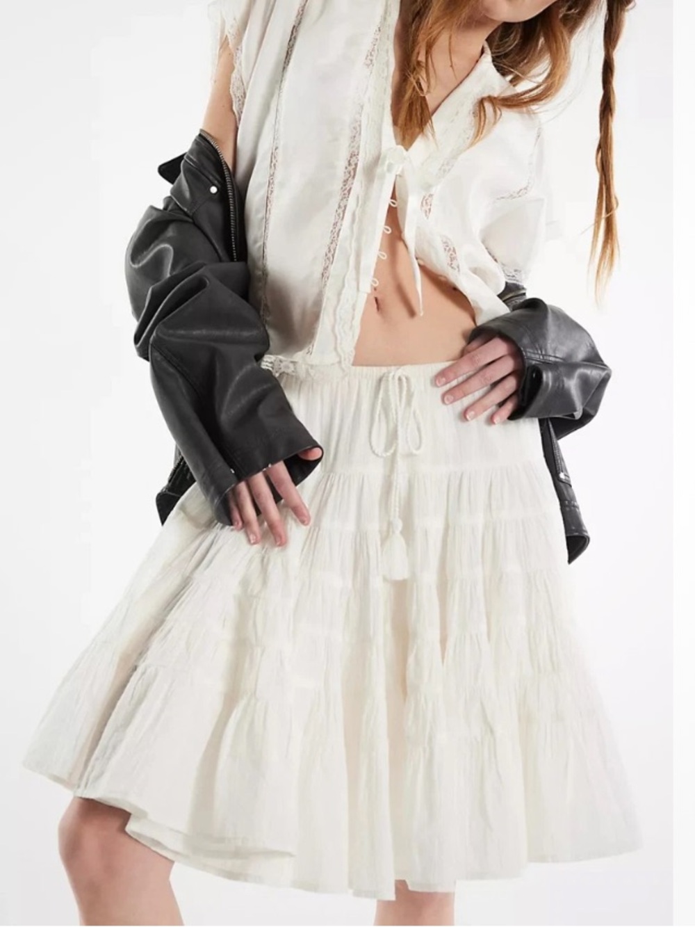 Free People Many Layers Solid Midi Skirt Clean Ivory Size Small NWT $98 Boho